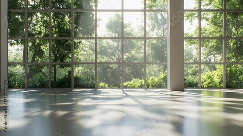 Sunlit modern interior with large windows overlooking lush green trees.