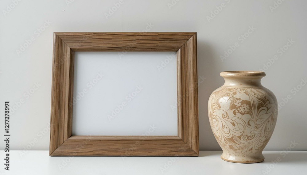 Close-up picture frame and ceramic urn on blank background