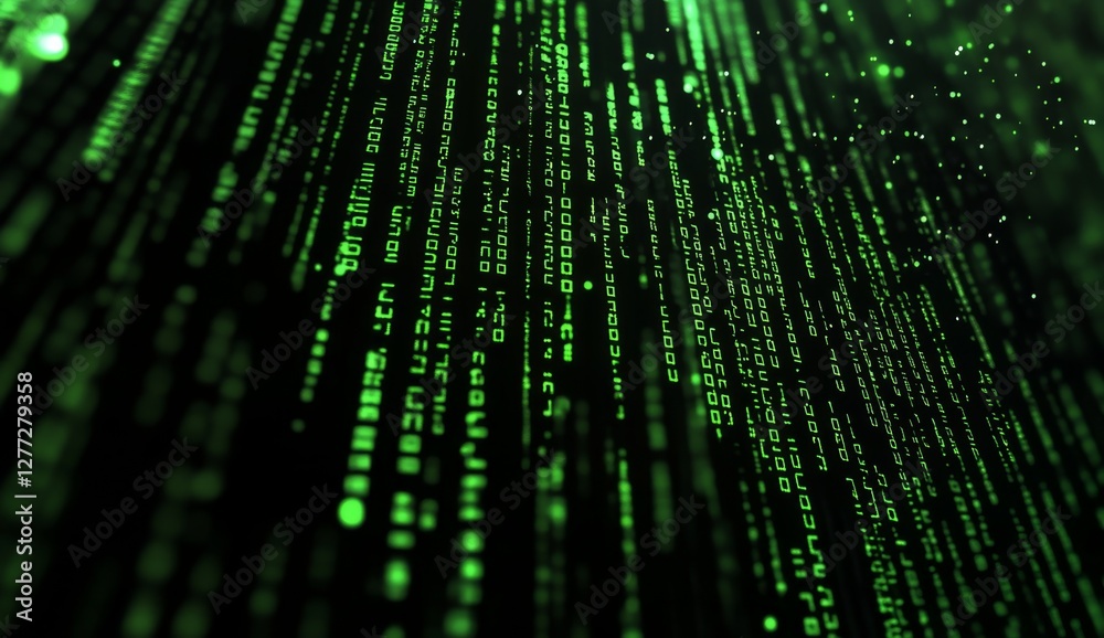 Digital code streams downward on dark background Digital code streams downward on dark background