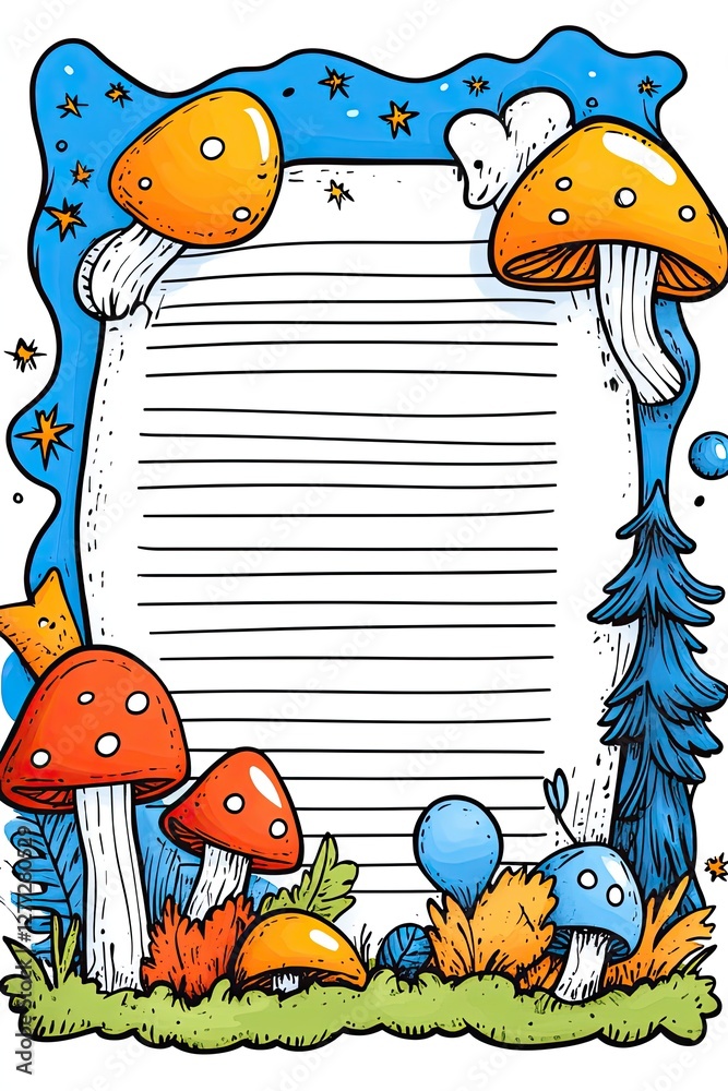 Fototapeta premium A whimsical lined paper template featuring a forest scene with mushrooms, stars, and a blue sky.