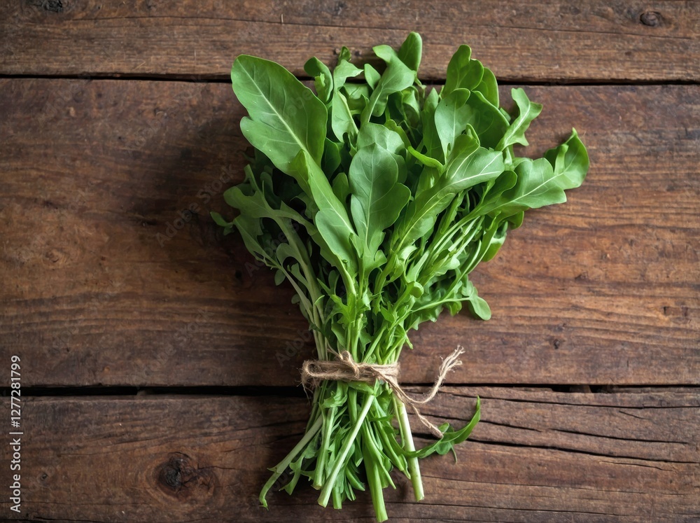 A fresh bundle of arugula leaves on a rustic wooden surface A fresh bundle of arugula leaves on a rustic wooden surface