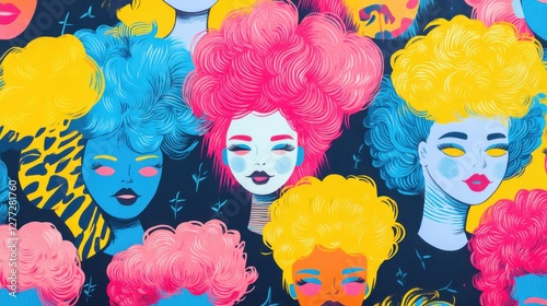 Colorful Abstract Illustration of Diverse Female Faces with Hairstyles