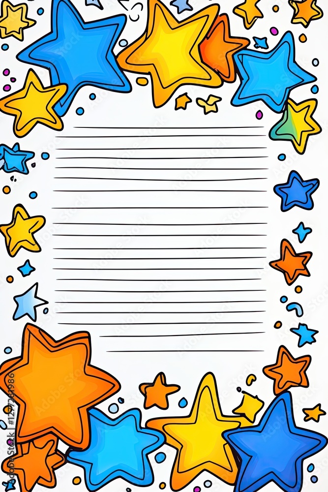Fototapeta premium A white lined paper with a border of colorful cartoon stars.