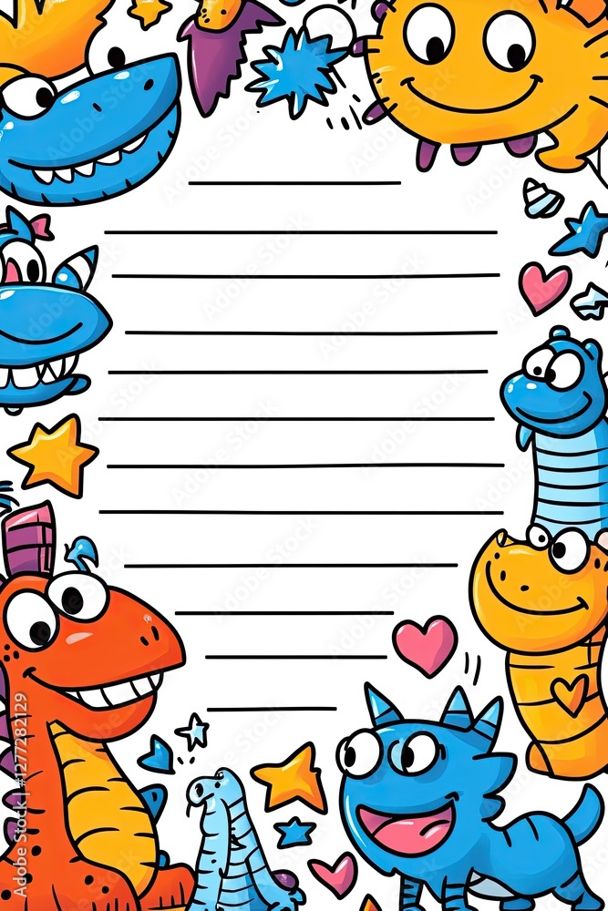 Fototapeta premium A white lined paper with colorful cartoon monsters on the border for kids.