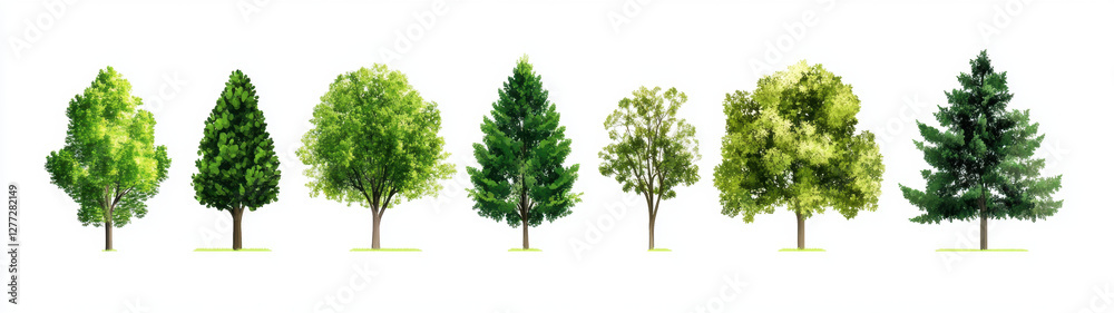 Obraz premium Various types of trees showcasing different shapes and shades of green foliage, ideal for nature themed designs and illustrations