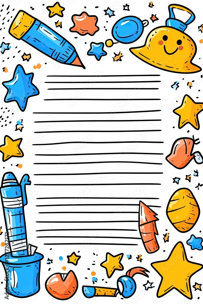 Fototapeta premium A white page with lined paper and a border of various colorful doodles.