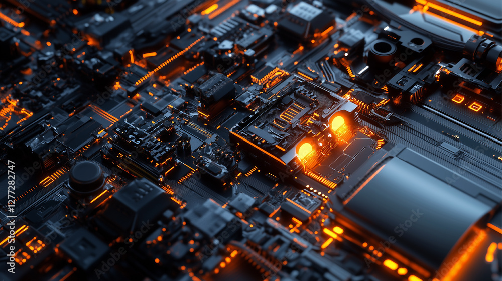 AI powered assembling board. Digital 3D chips, technology, hardware. Futuristic AI-powered robotic arm assembling components. Microchip, motherboard, cpu glowing circuits. AI machine learning concept. AI powered assembling board. Digital 3D chips, technology, hardware. Futuristic AI-powered robotic arm assembling components. Microchip, motherboard, cpu glowing circuits. AI machine learning concept.