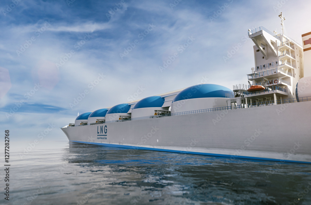 LNG - Liquified natural gas tanker with gas tanks powered with h2 hydrogen engines on the ocean, deliver LNG