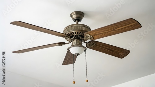 Ceiling Fan with Wooden Blades on White Background photo