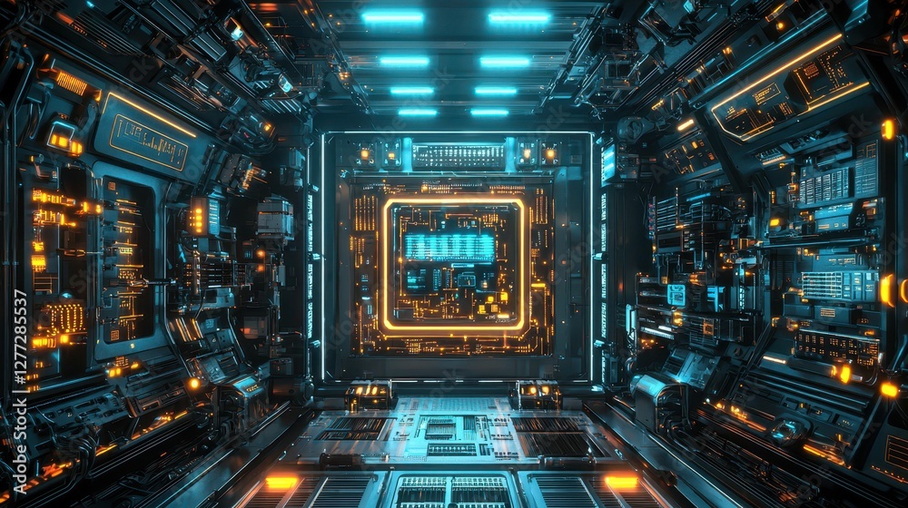 Fototapeta premium Futuristic Digital Corridor with Glowing Neon Circuit Patterns