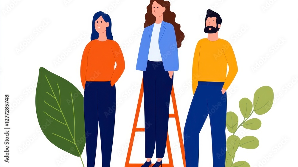 Fototapeta premium Three Young Adults in Casual Wear Standing Against White Background with Green Leaves Pixel Art Style