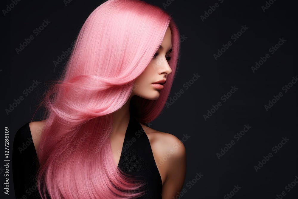 Fototapeta premium Woman with flowing pink hair against dark background. Beautiful long dyed hairstyle with smooth waves. Fashion beauty portrait showing trendy hair color and styling