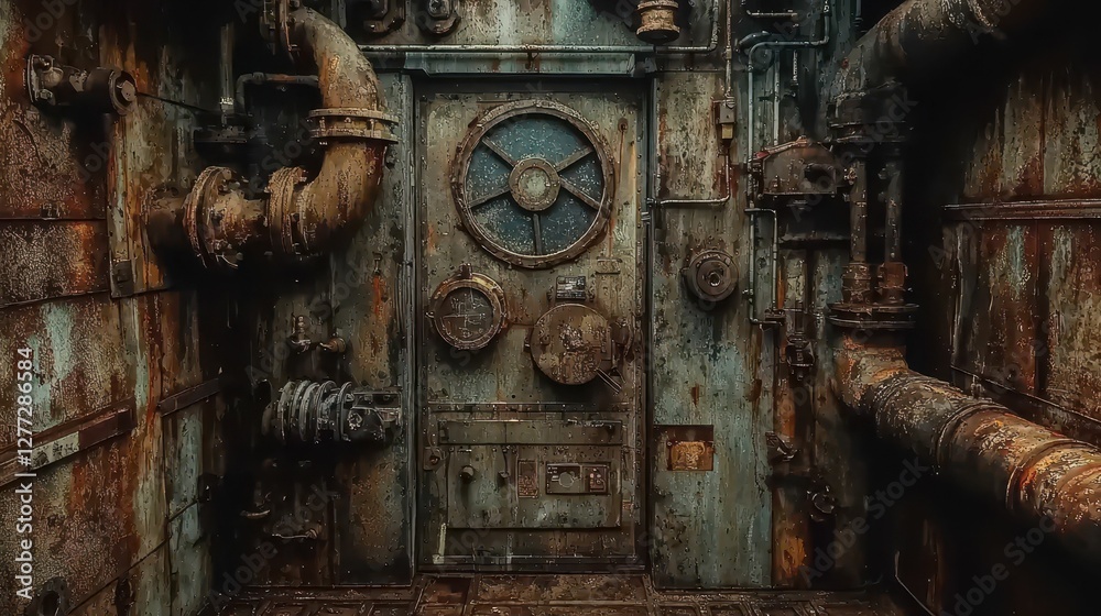 Rusty Industrial Door with Pipes in a Grungy Environment Rusty Industrial Door with Pipes in a Grungy Environment