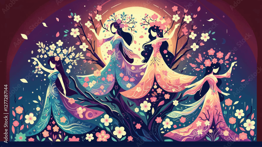 Elegant tree spirits emerging from blooming trees, with floral designs incorporated into their clothing and glowing spring light around them Elegant tree spirits emerging from blooming trees, with floral designs incorporated into their clothing and glowing spring light around them