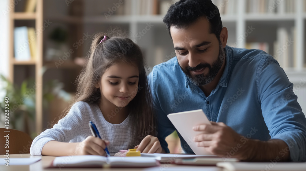 An Arab father helping his daughter with homework, both focused, books and notebooks spread across the table An Arab father helping his daughter with homework, both focused, books and notebooks spread across the table
