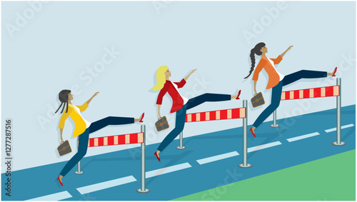 Group of women jumping over obstacles on their road forward. Dimension 16:9. Vector illustration.