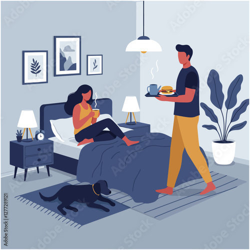 Man Bringing Breakfast in Bed to Woman with Dog in Bedroom