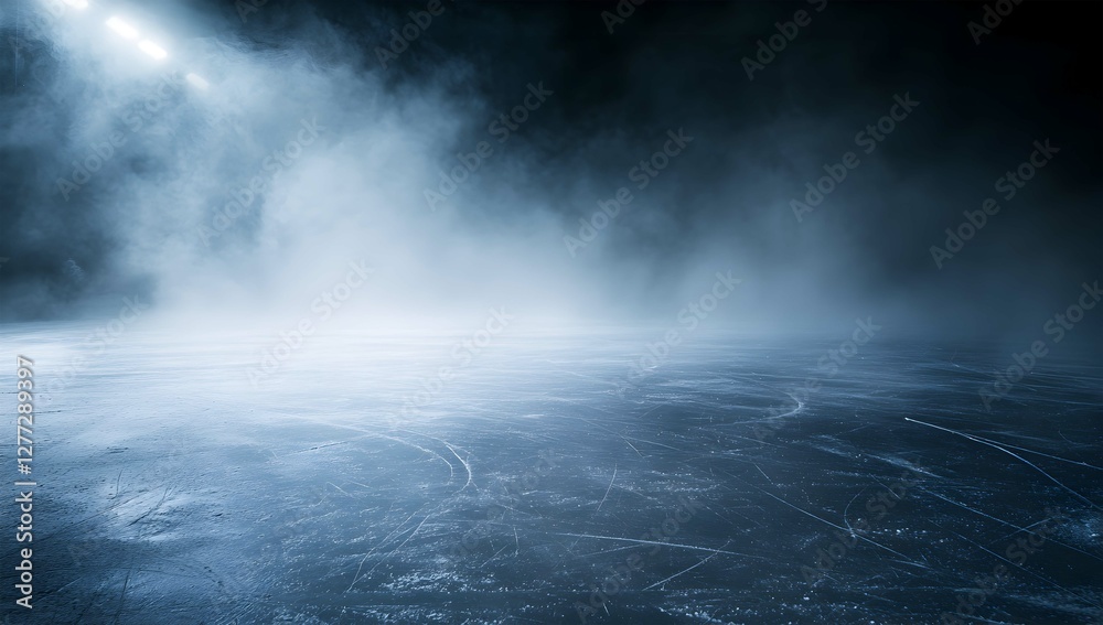 Fototapeta premium Mysterious Ice Rink Background with Fog and Smoke | Atmospheric Winter Scene