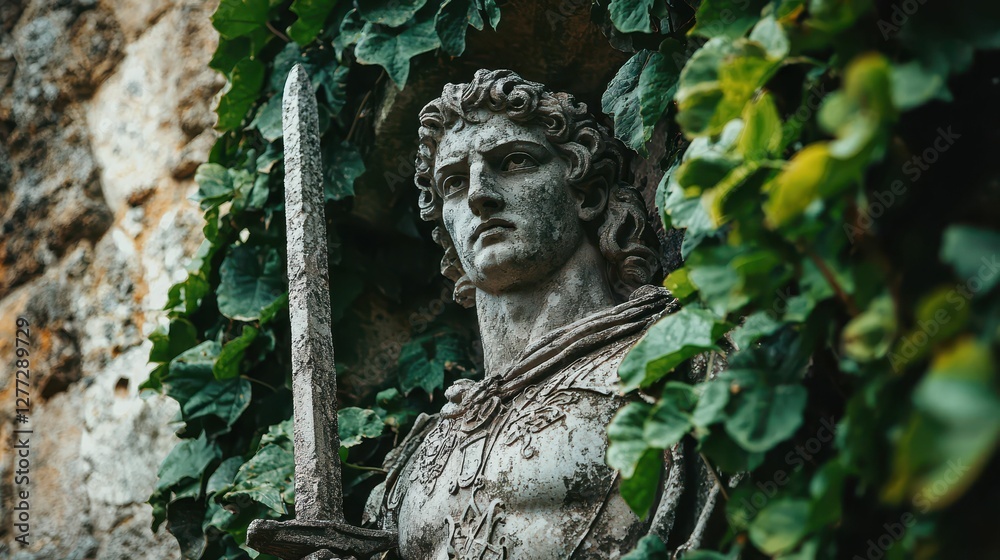 Stone Sculpture of a Heroic Figure Surrounded by Greenery Stone Sculpture of a Heroic Figure Surrounded by Greenery