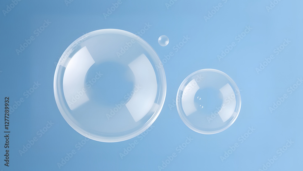 Shiny transparent soap bubbles floating on a blue background Shiny transparent soap bubbles floating on a blue background