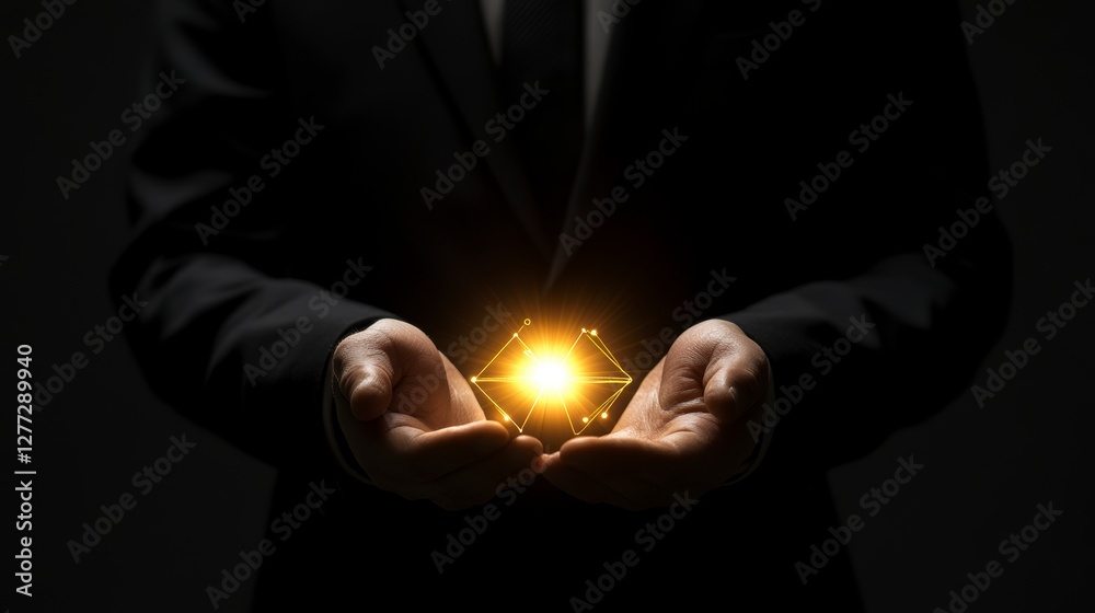 Businessman holding golden glowing symbol Businessman holding golden glowing symbol