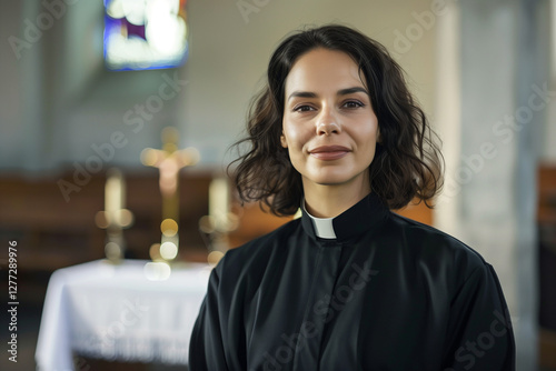Female Priest Standing in Church Holding Bible as a Representation of Feminism and Gender Equality in Religious Leadership
