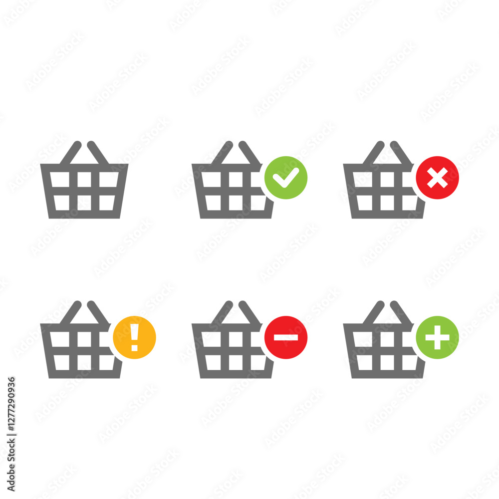 Shopping carts icon set collection, add, remove, cancel, delete, warning, simple ecommence order flat design for app, ui, ux, web, button, interface vector isolated on white background Shopping carts icon set collection, add, remove, cancel, delete, warning, simple ecommence order flat design for app, ui, ux, web, button, interface vector isolated on white background