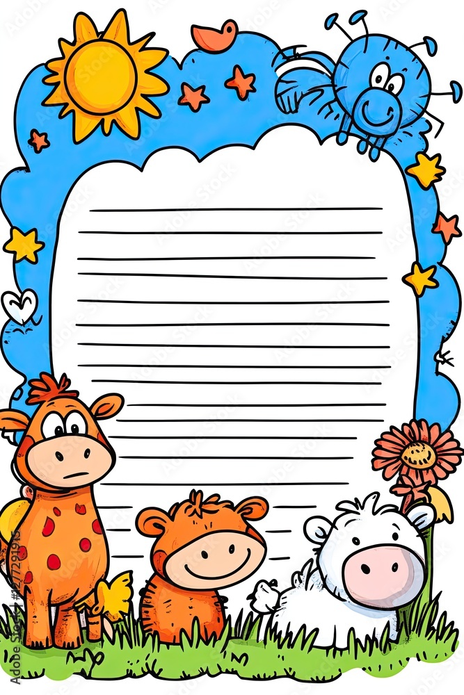 Naklejka premium Colorful cartoon animals surrounding blank lined paper.