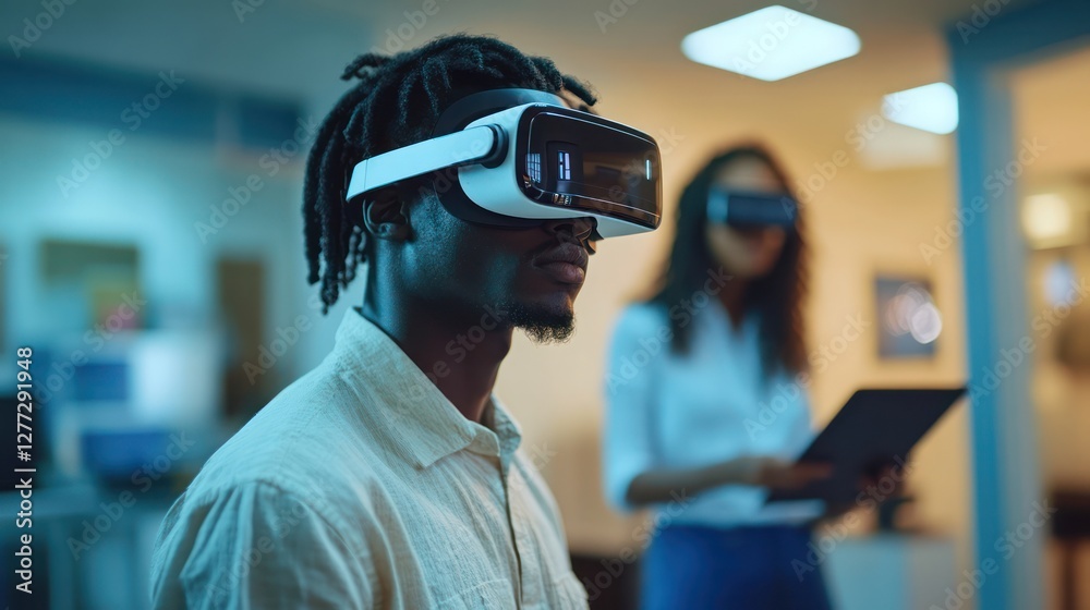 Man using VR headset, office, woman assisting Man using VR headset, office, woman assisting