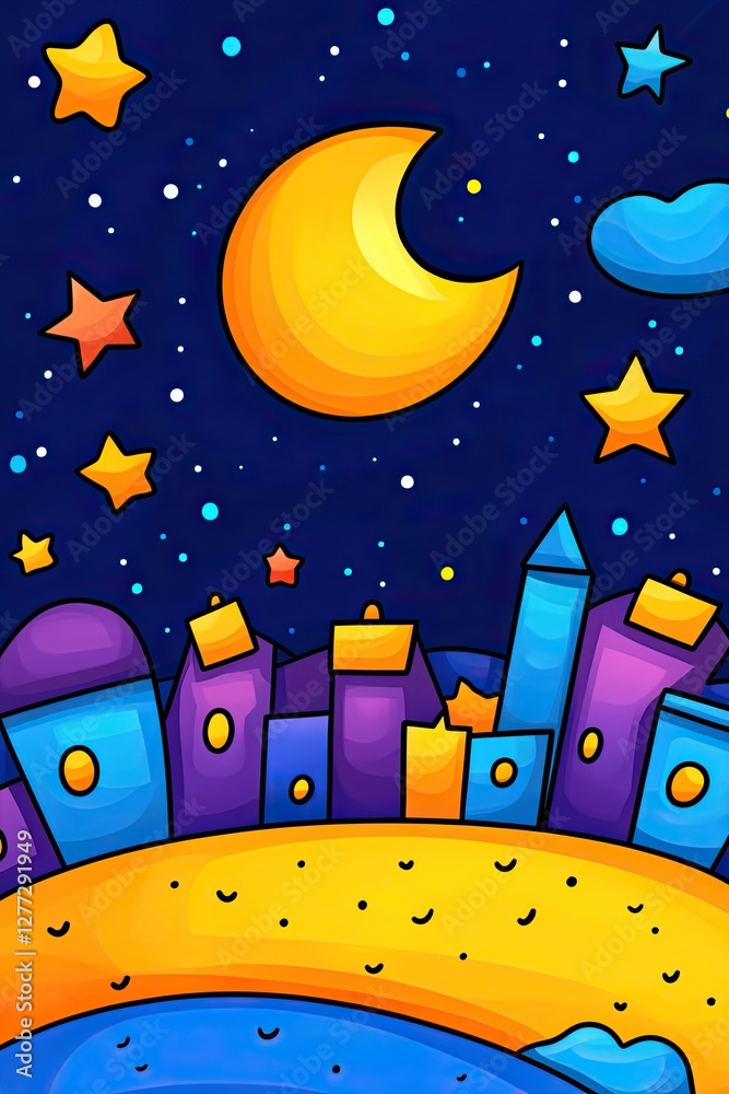 Naklejka premium Colorful cartoon cityscape with a crescent moon and stars in the night sky.