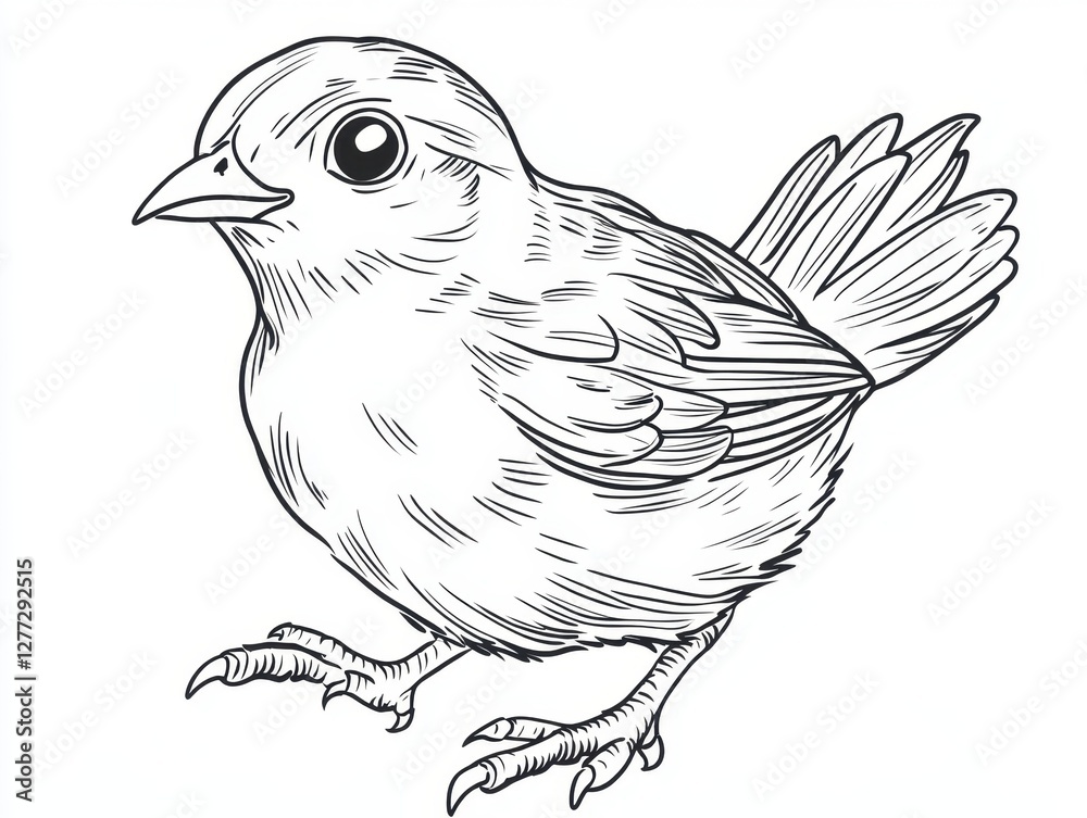 Fototapeta premium Ink Sketch of a Curious Bird: A detailed ink sketch portrays a charming small bird, capturing its inquisitive nature and delicate features in monochrome.