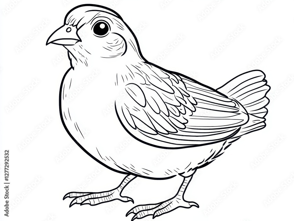 Obraz premium Bird Illustration: A detailed black and white illustration of a small bird standing with intricate feather patterns and a focused gaze, creating a calming and detailed piece.
