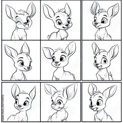 Adorable deer character: a charming collection of cartoon deer, each with a unique expression, ideal for illustrating children's stories, educational materials or playful designs.
