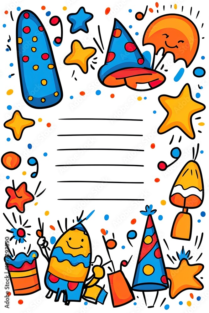 Obraz premium Colorful doodle party celebration border with blank space for text.