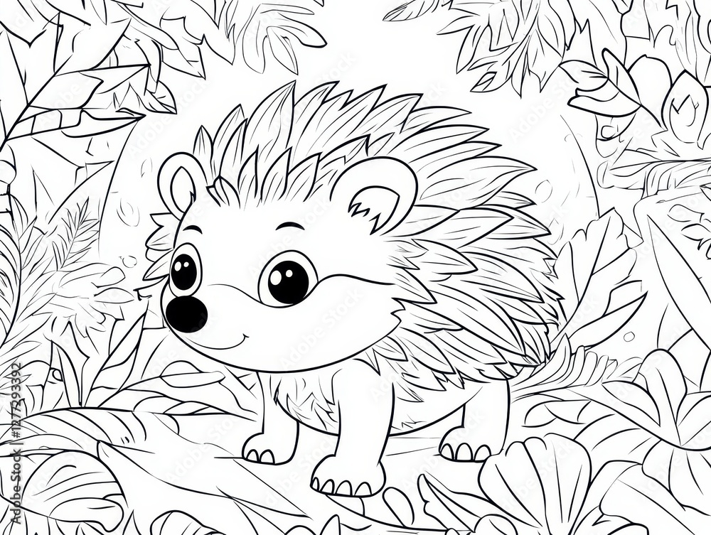 Fototapeta premium Whimsical Hedgehog in the Foliage: This charming illustration captures a delightful hedgehog in a lush, overgrown habitat, the leaves and environment bring a friendly and welcoming environment.