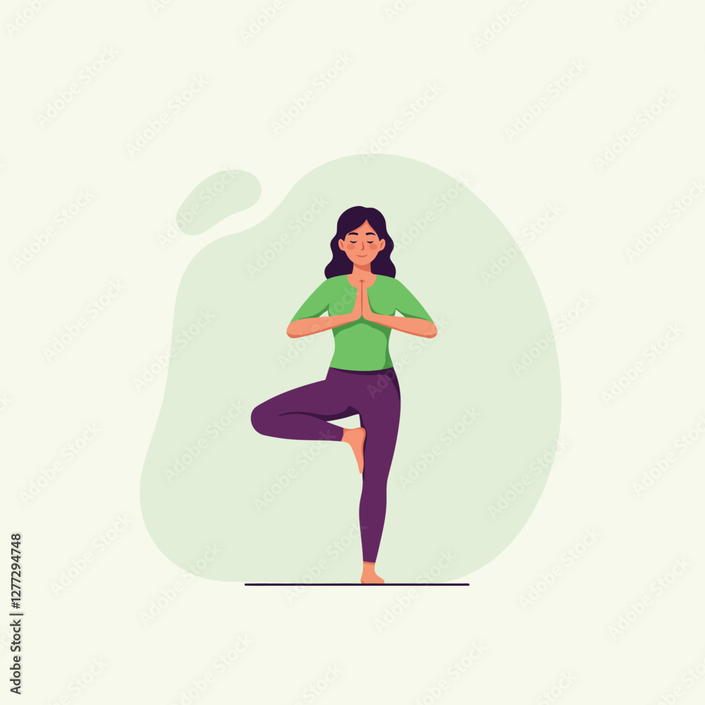 Woman Practicing Yoga Tree Pose for Health and Wellness Illustration Woman Practicing Yoga Tree Pose for Health and Wellness Illustration