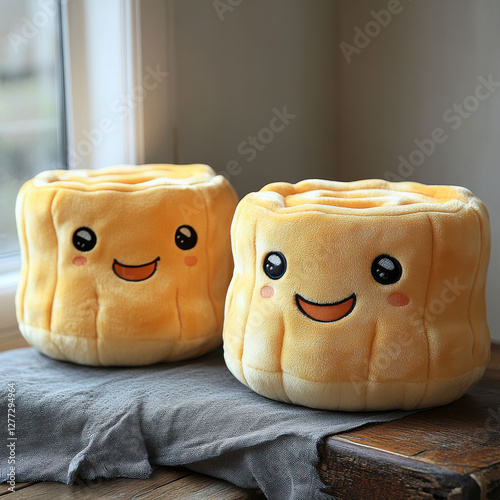 Cute plush jelly like cushions with smiling faces, perfect for adding cheerful touch to any room. These soft, yellow cushions are ideal for kids spaces or playful decor photo