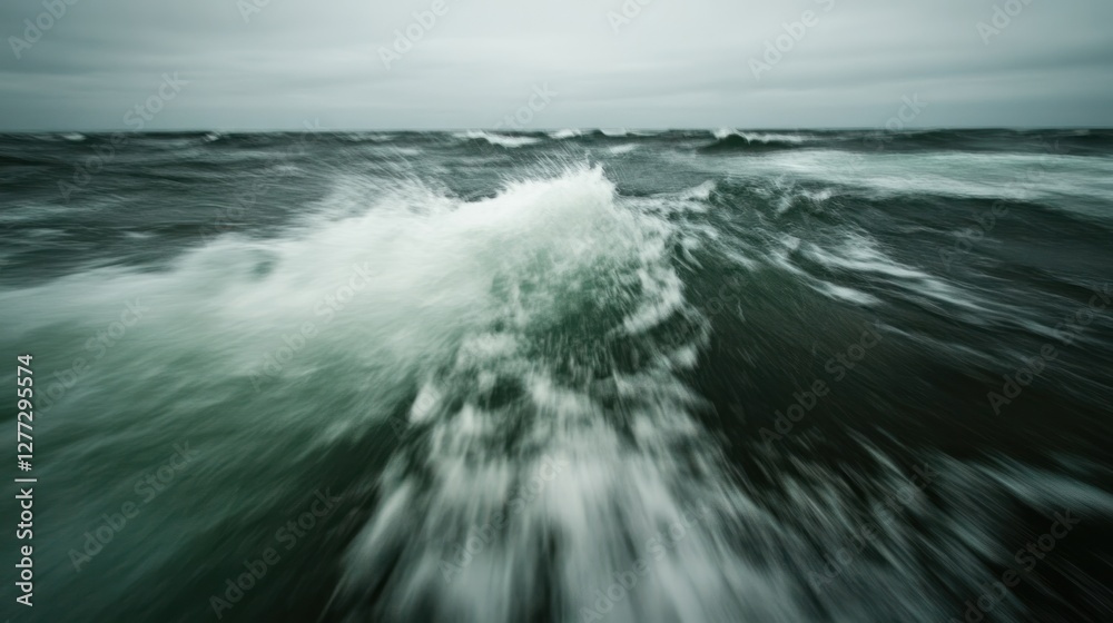 Obraz premium Stormy sea waves, boat wake, ocean, grey sky, travel