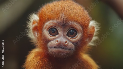 Close-up of a young red monkey, looking directly at the camera.  Possible use Nature photography, wildlife education