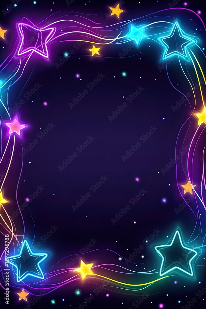 Obraz premium Neon stars and wavy lines frame a dark blue background with a copy space.
