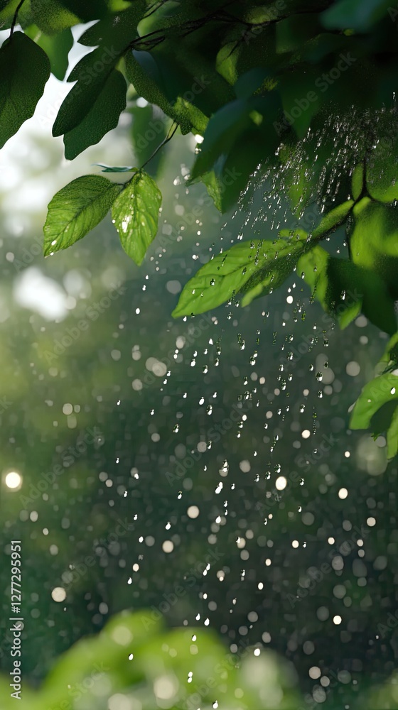 Raindrops falling from green leaves in a forest. Raindrops falling from green leaves in a forest.