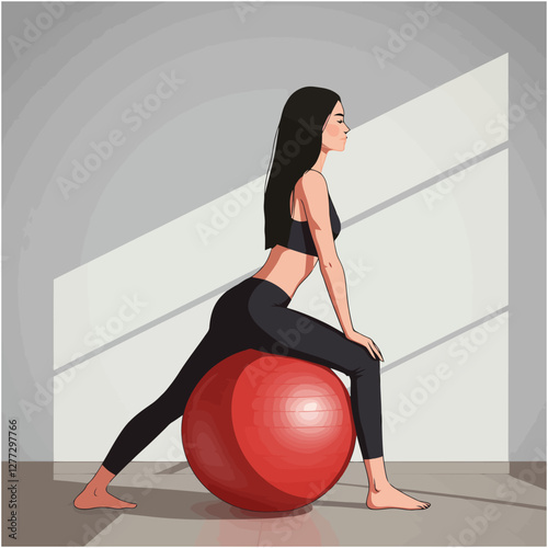 Woman Stretching on Exercise Ball in Gym for Fitness and Wellness