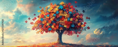 Vibrant tree composed of puzzle pieces represents neurodiversity and autism awareness, promoting acceptance and understanding