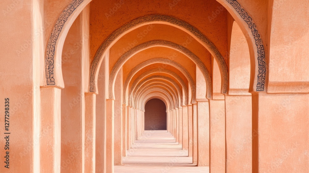 Fototapeta premium Serene Archways in Vibrant Orange Architectural Space