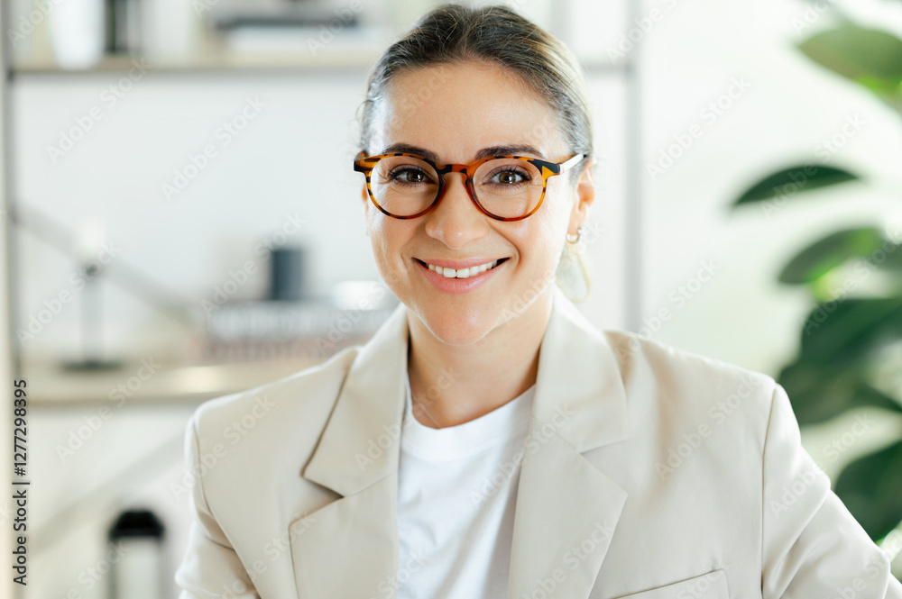 Fototapeta premium Close-up photo of a happy charming caucasian business woman with glasses showing satisfaction and success in a modern office setting, looking at the camera and smiling friendly