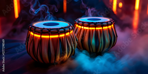 Tabla Drums Traditional Musical Instrument .Artistic Tabla Drums ,Music and Technology in Neon-Lit City Environment ,Artistic Blend of Traditional Music instrument.