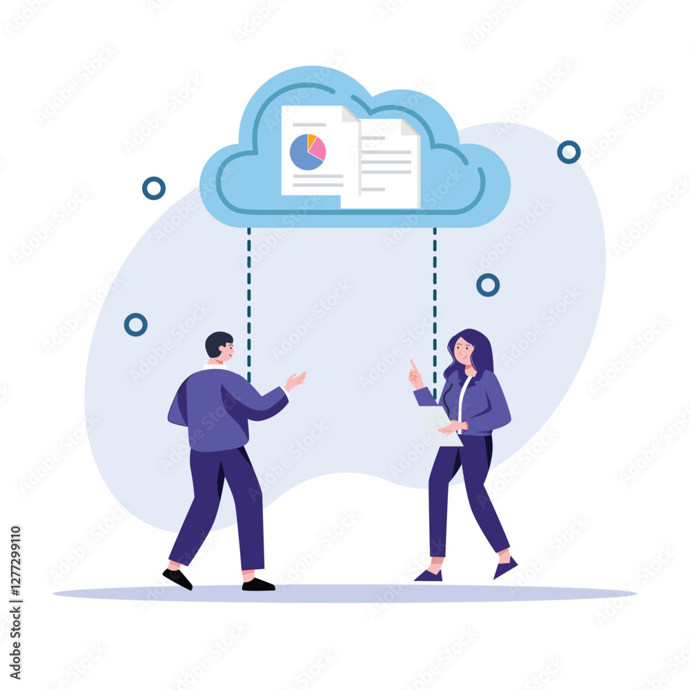 Cloud Data Transfer Illustration with Two People Discussing Analytics Cloud Data Transfer Illustration with Two People Discussing Analytics