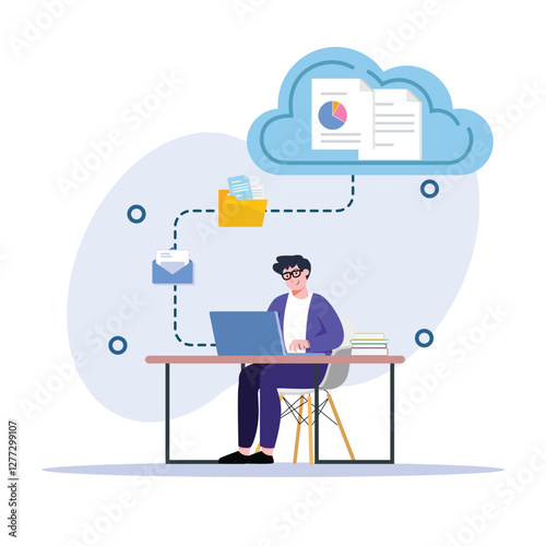 Woman Climbing Ladder to Cloud Computing Storage for Document Management