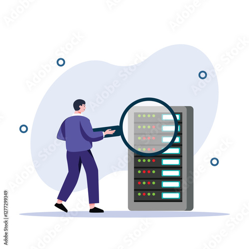 Analyzing Server Data Man with Magnifying Glass Checking Computer Information