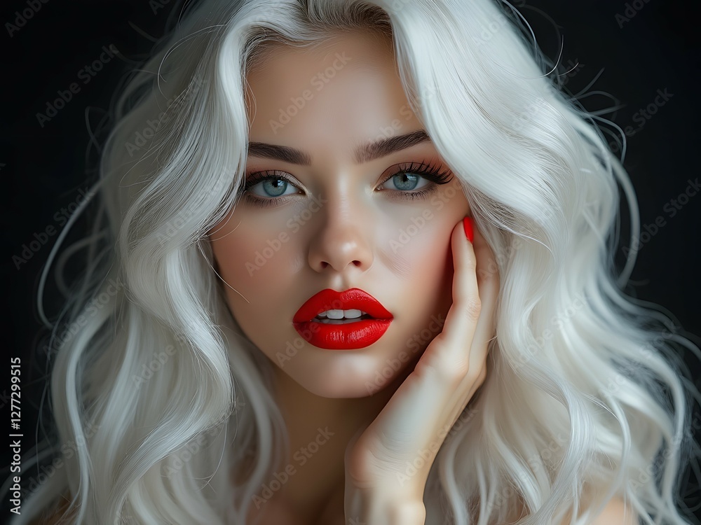 Fototapeta premium Beautiful woman with long wavy platinum hair and striking red lipstick, white hairstyle